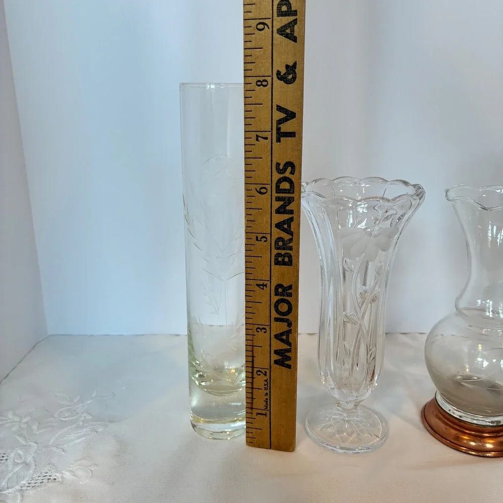 Bud Vase Set Vtg Etched Cut Glass Mixed Lot 4pc MCM Table Scape Cottage Retro